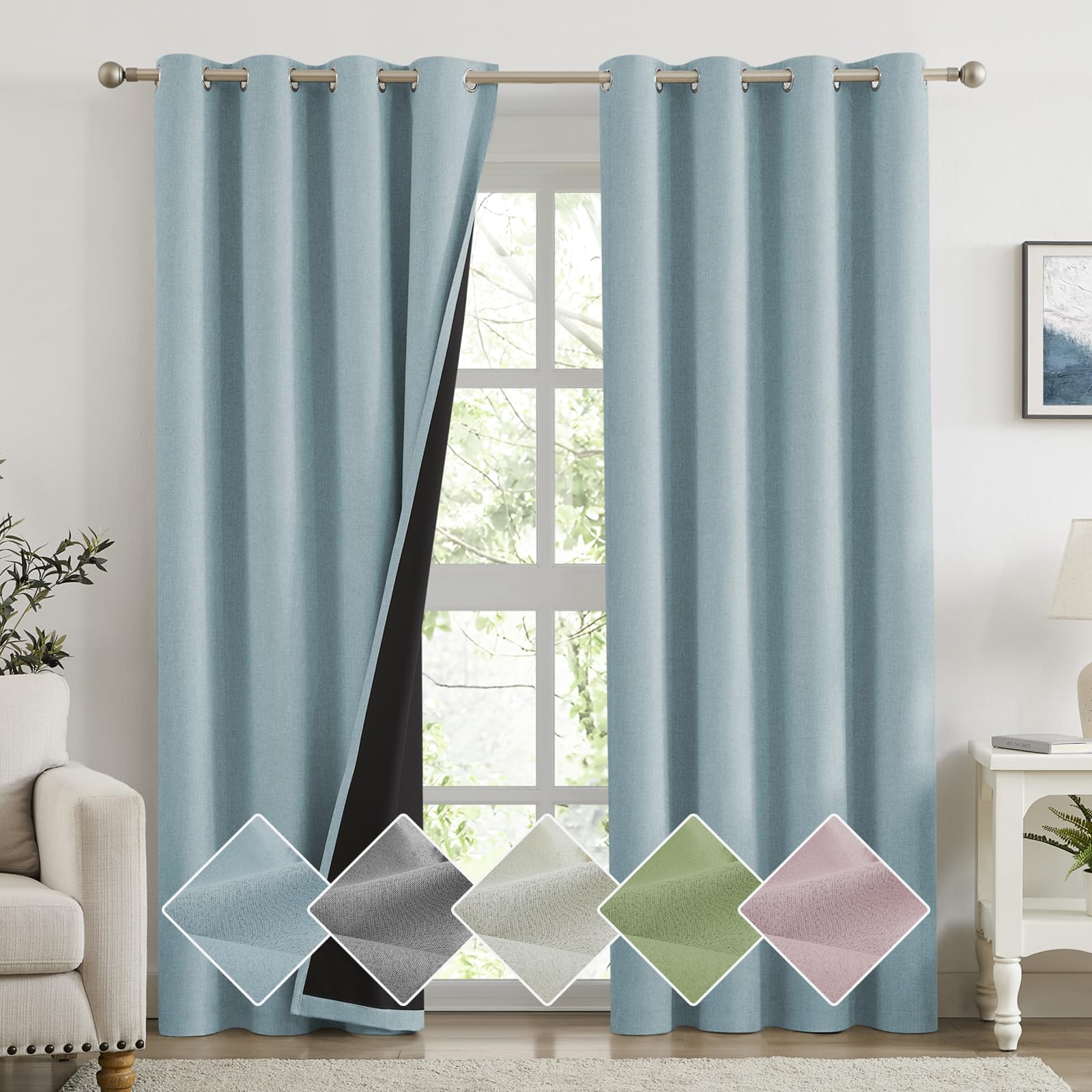 Melodieux 100% Blackout Linen Textured Curtains, Light Blue Black Out Curtains 84 Inch Length Thermal Insulated Drapes for Bedroom/Living Room, Grommet Top and Black Back, 52" W x 84" L(2 Panels)