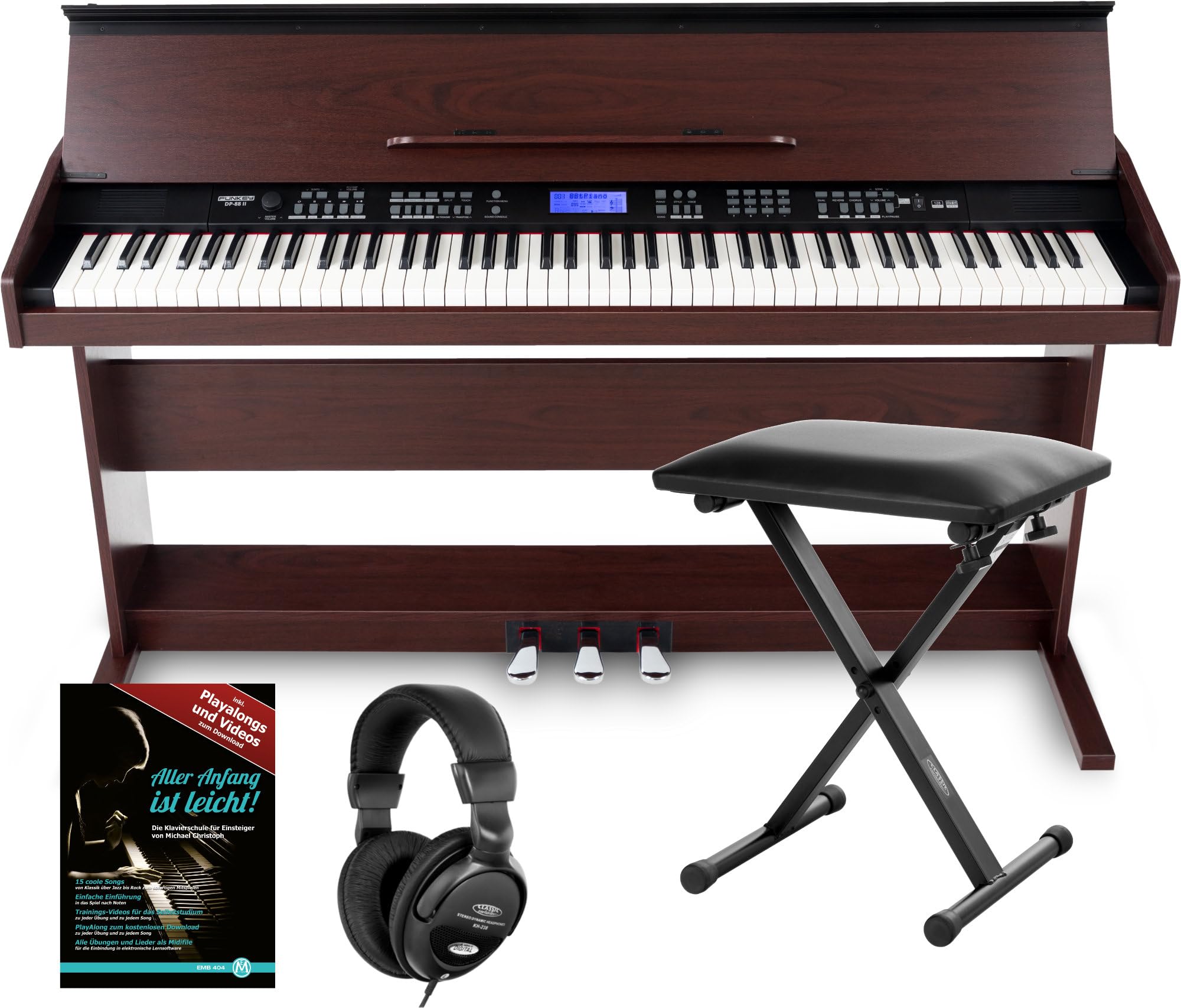 Piano digital FunKey DP-88 marrón set con auriculares, banco de piano Economy y manual