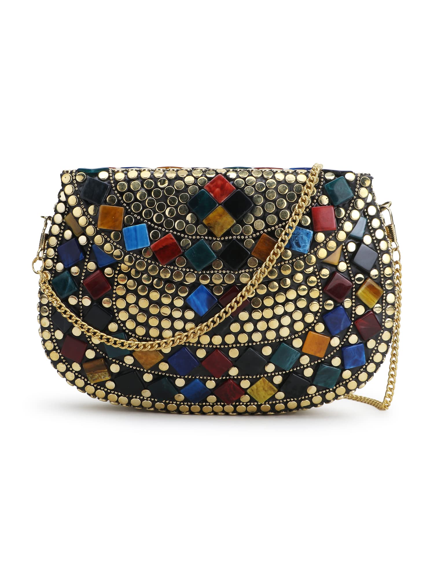 Mosaic Gold & Multi Mosaic Embellished Metal Clutch-image-17