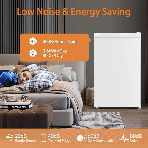 4.3 Cu.Ft Mini Fridge With Freezer, Single Door Mini Fridge, 7 Adjustable Thermostat, 3 Removeble Shelves,Energy-Efficient Low Noise, Compact Fridge for Bedroom, Office, Dorm,White