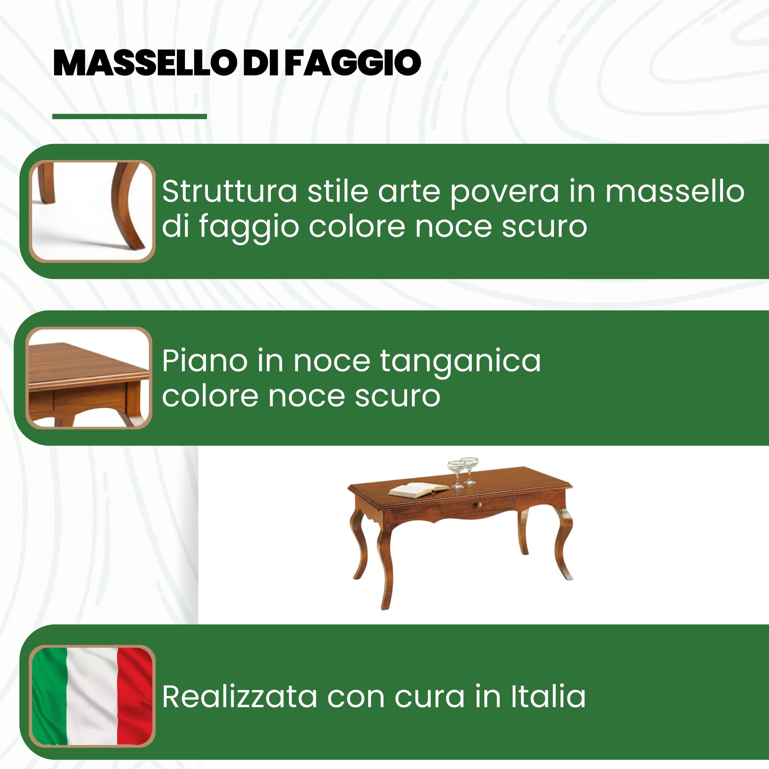 Mar.c.a. Design - Tavolino Rettangolare con Cassetto e Gambe Curve - Tavolino Legno Salotto 100x50x45 cm in Stile Arte Povera - Made in Italy