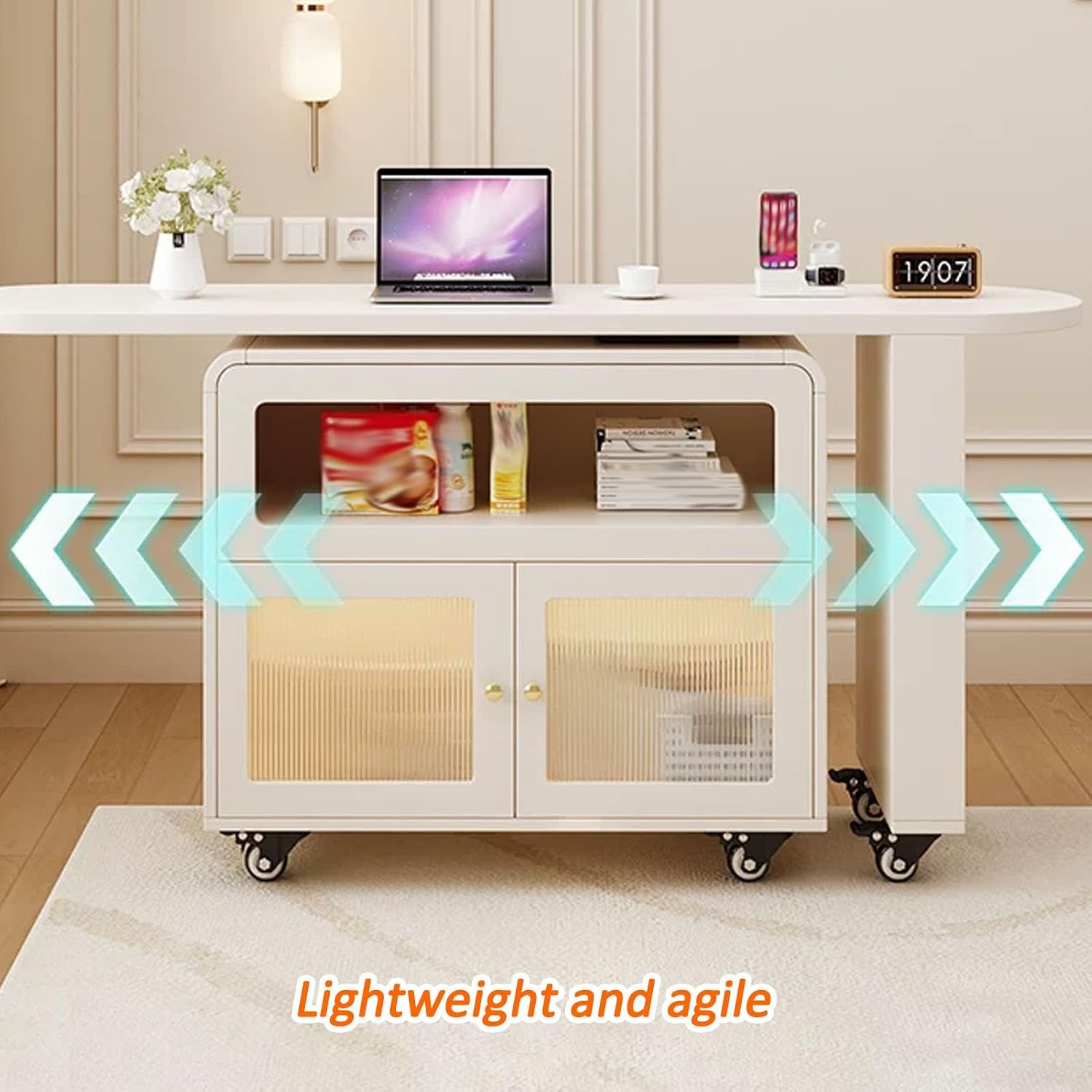 JKGHK Extendable Overbed Table with Wheels, 360° Rotating Top Bar Table with Glass Doors, Timber End Side Table with Storage Cabinet for Living Room, Bedroom(120cm/47.2in)