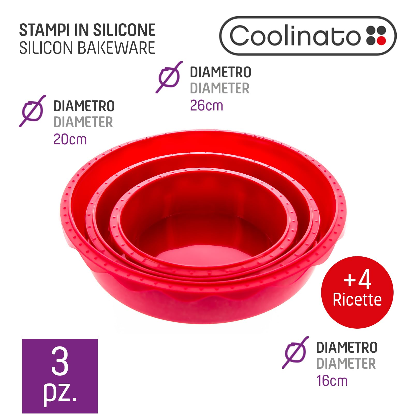 Set Di 3 Stampi in Silicone Rotondi, 16 Cm, 20 Cm E