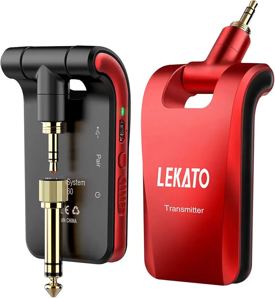 LEKATO Sistema de guitarra sem fio de 2,4 GHz, 6 canais, transmissor de áudio recarregável, sem fio, para instrumentos elétricos de guitarra e baixo, estéreo, plugues 2 em 1 (preto e vermelho)