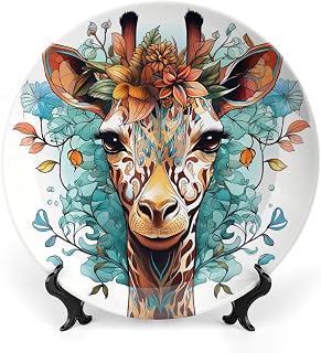 Exquisite Ceramic Decorative Plate, Mammal Bone Porcelain Plates with Display Stand for Kitchen Dining Room Wine Cabinet - Tallest Neck Animal Unique Home Decor