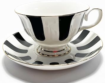 Mazeology Movie Star Retro Black and White Vertical Striped Bone China High Tea Cup and Saucer Set. An Elegant Additional to Your Tea and Coffee Cup Collection. 6 ounces. Fast Prime Delivery.