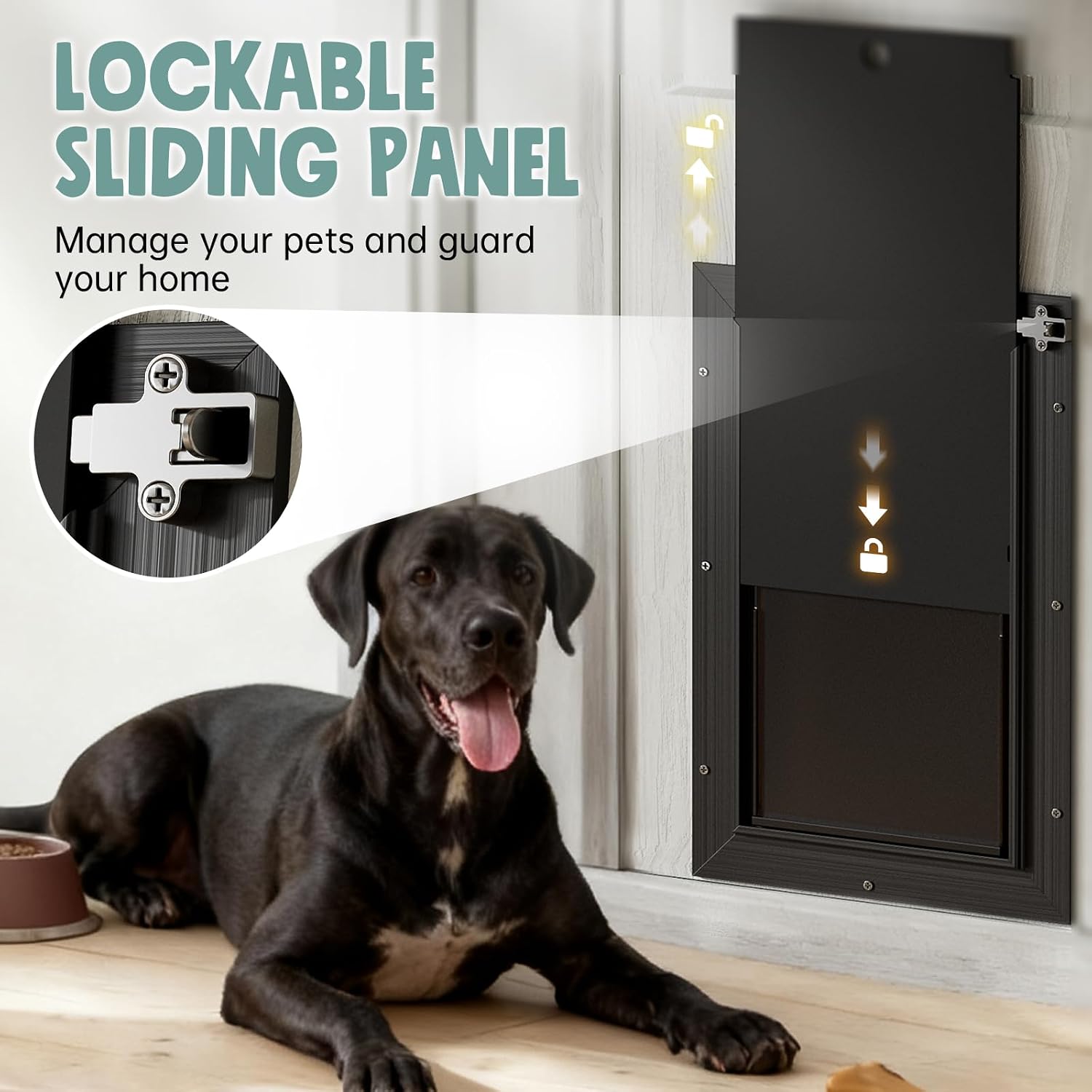 Condition photo showing New/Like New for extra large dog door for door all aluminum 3 flaps black, heavy duty xl dog door for dogs, large pet door, with insulation flap and lockable closing panel, durable rust resistant, for pet up to 220lbs xlarge