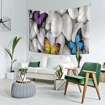 Amazon Co Jp Patinisa タペストリー インテリア 壁掛け 蝶のファンタジー装飾岩の山に3つの小さな蝶黄色と青紫 壁飾り 家 リビングルーム ベッドルーム 部屋 おしゃれ飾り 0ｘ150cm ホーム キッチン