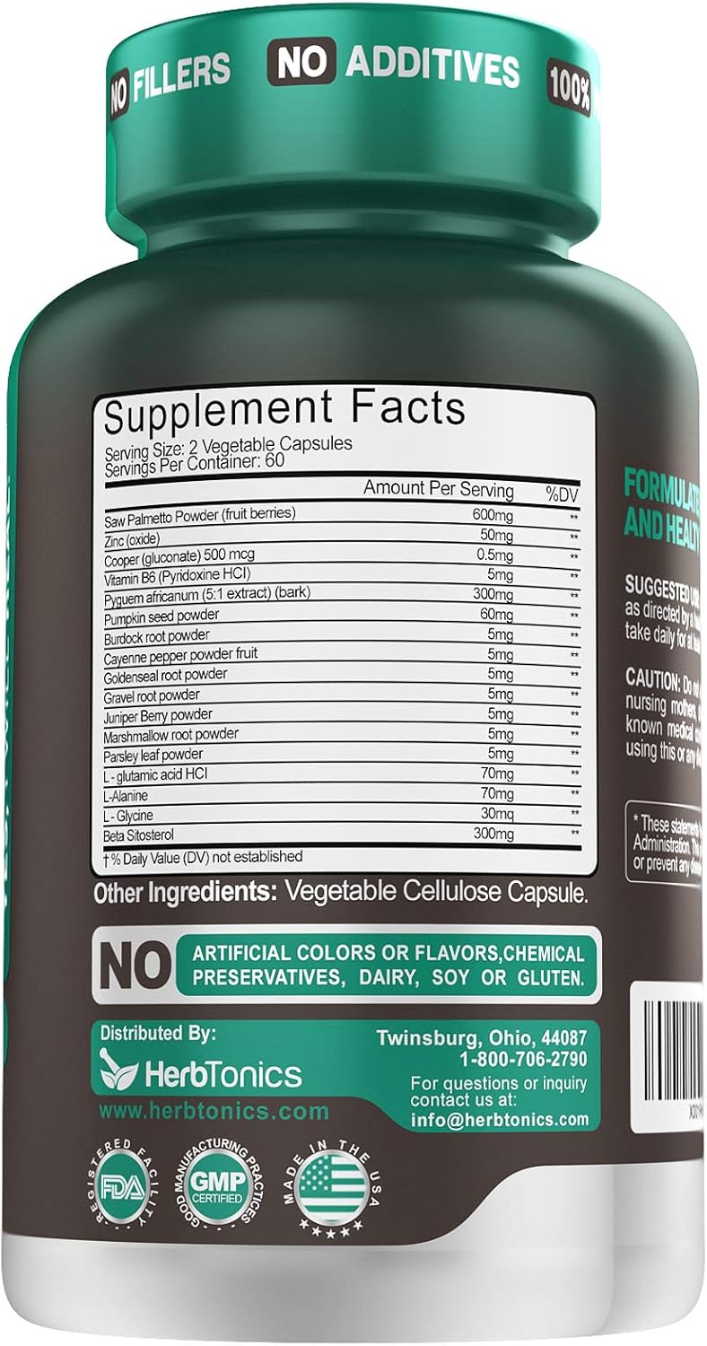 Prostate Support Supplement for Men's Health with Saw Palmetto Beta Sitosterol, Pumpkin Seed, Pyguem, Bladder & Less Urination - Men Prostate Health DHT Blocker 120 Vegan Pills Capsules : Health & Household