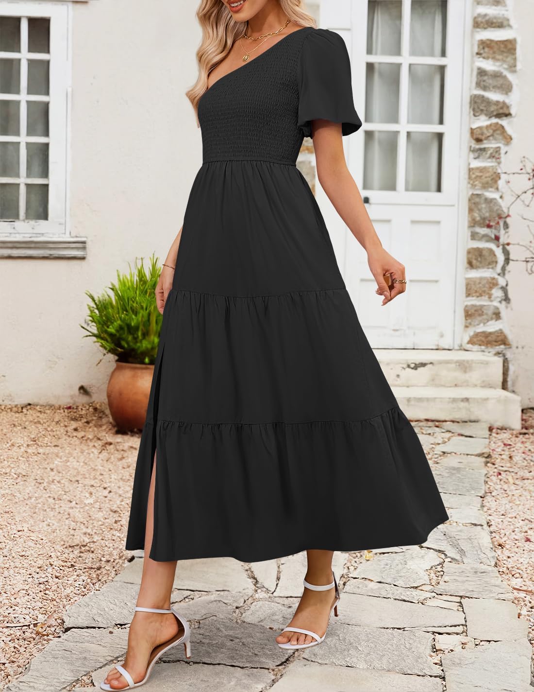 ZESICA Women's Boho Summer One Shoulder Short Sleeve Smocked Side Split Ruffle Swing Midi Dress - Image 6