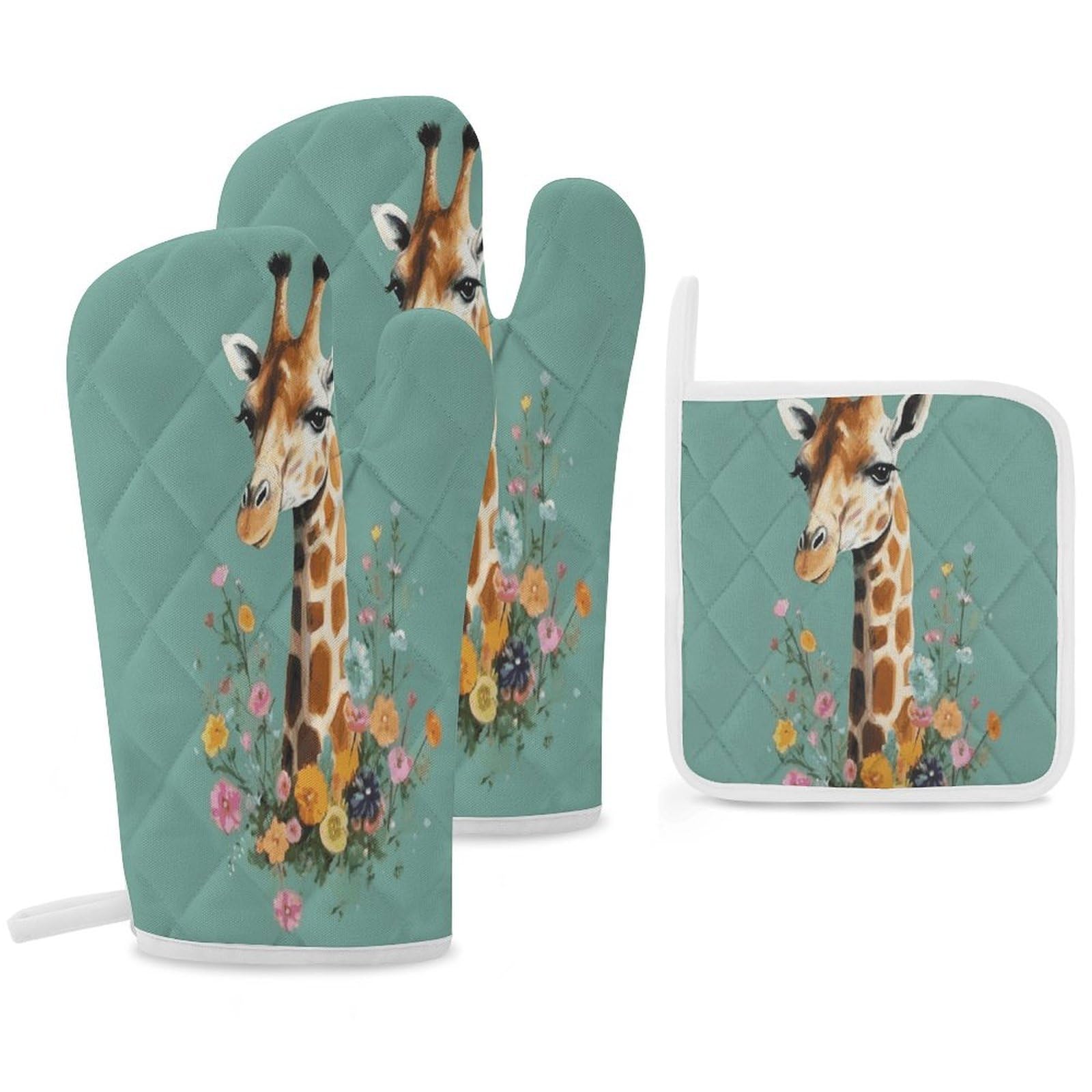 Fekiloot Style Giraffe With Flowers Oven Mitts Funny Heat Resistant,Oven Glove With Hanging Loop,Resistant Hot Pads For Kitchen Baking Grilling Cooking