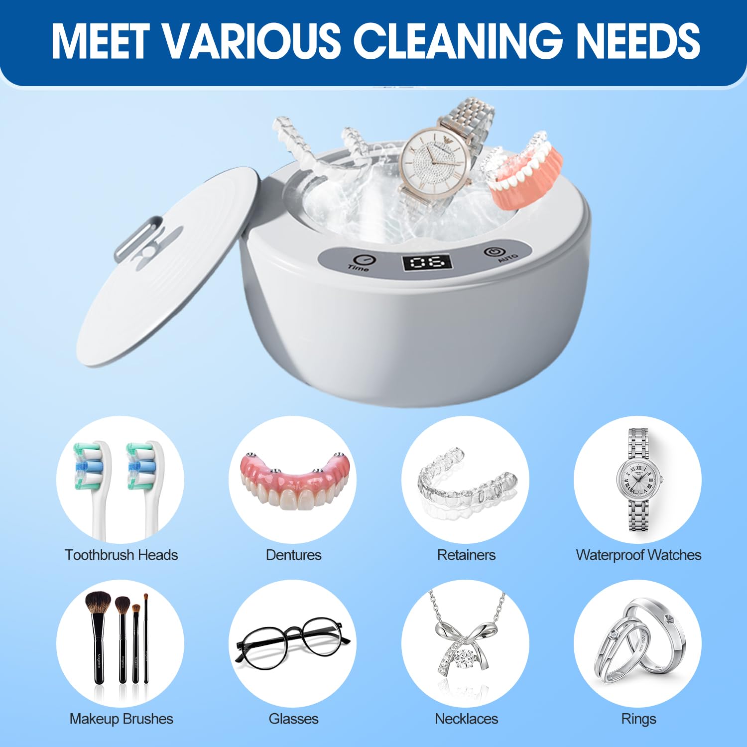 Máquina limpiadora de retenedores ultrasónicos dentales, caja de limpieza de dientes de 49 kHz con 3 modos y temporizador digital, caja de limpieza para dentaduras postizas, protectores