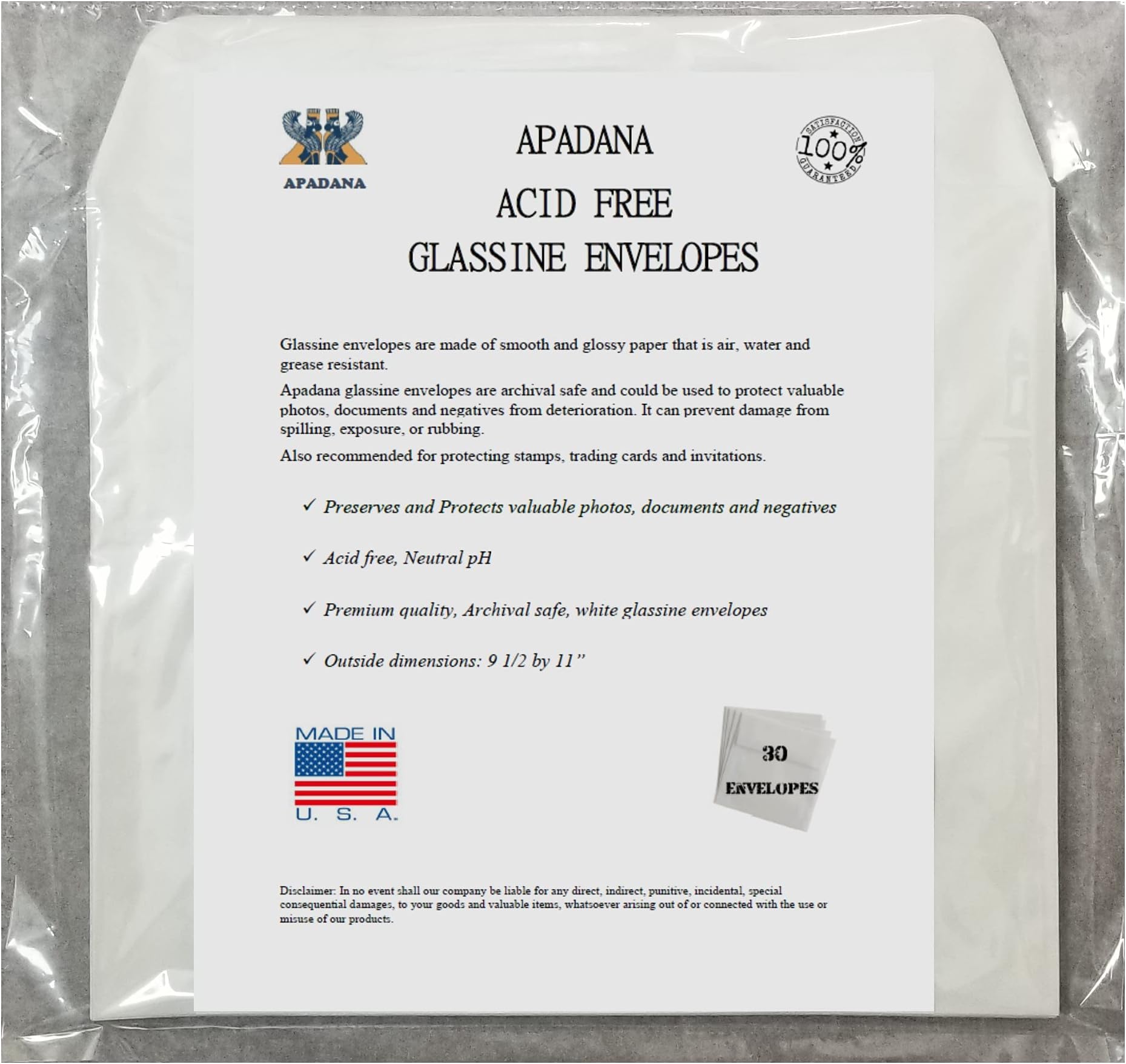 Apadana Acid Free Glassine Envelopes 30 Bags 9 1/2 x 11