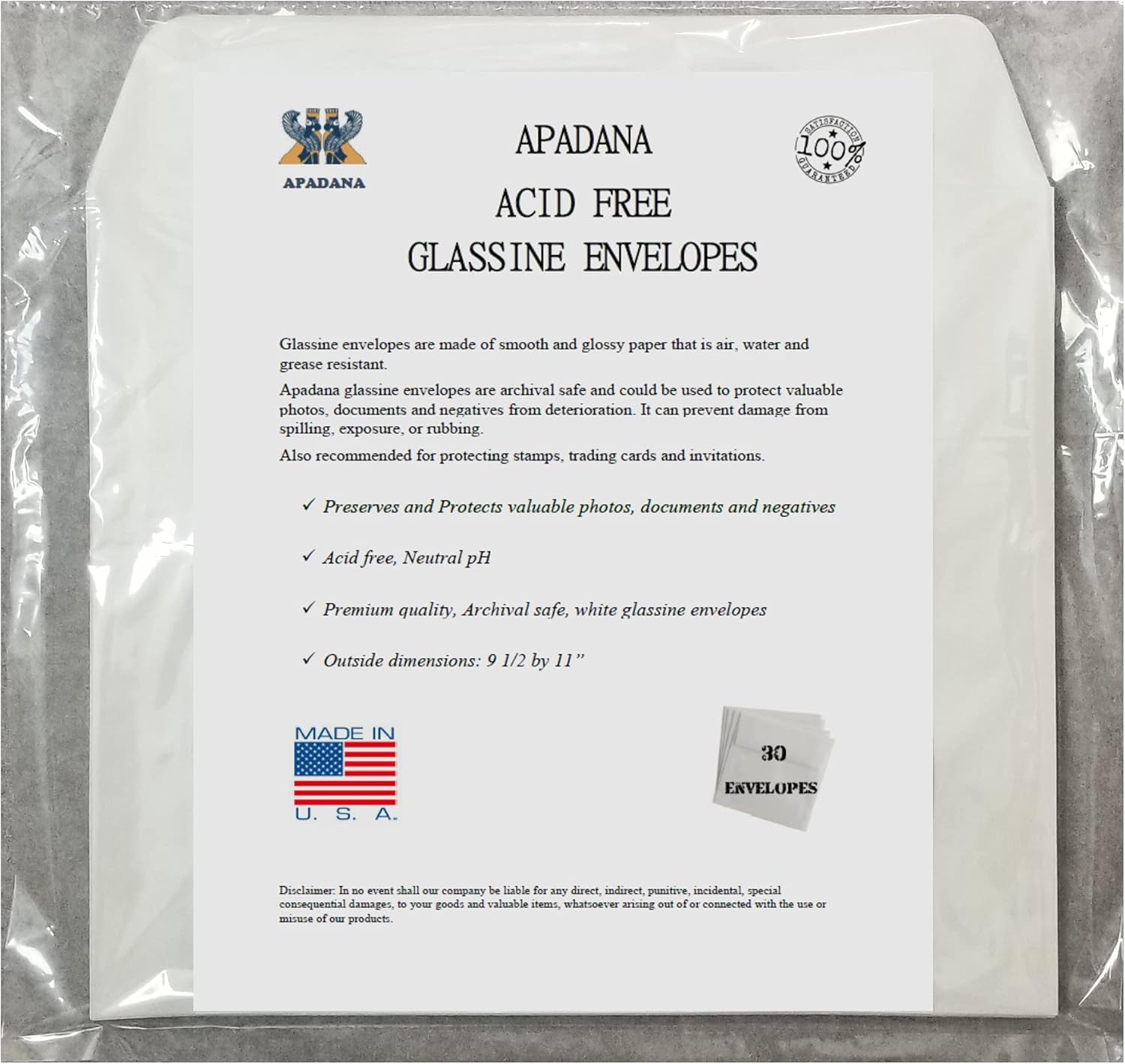 Acid Free Glassine Envelopes 30 Bags 9 1/2 x 11 Inches