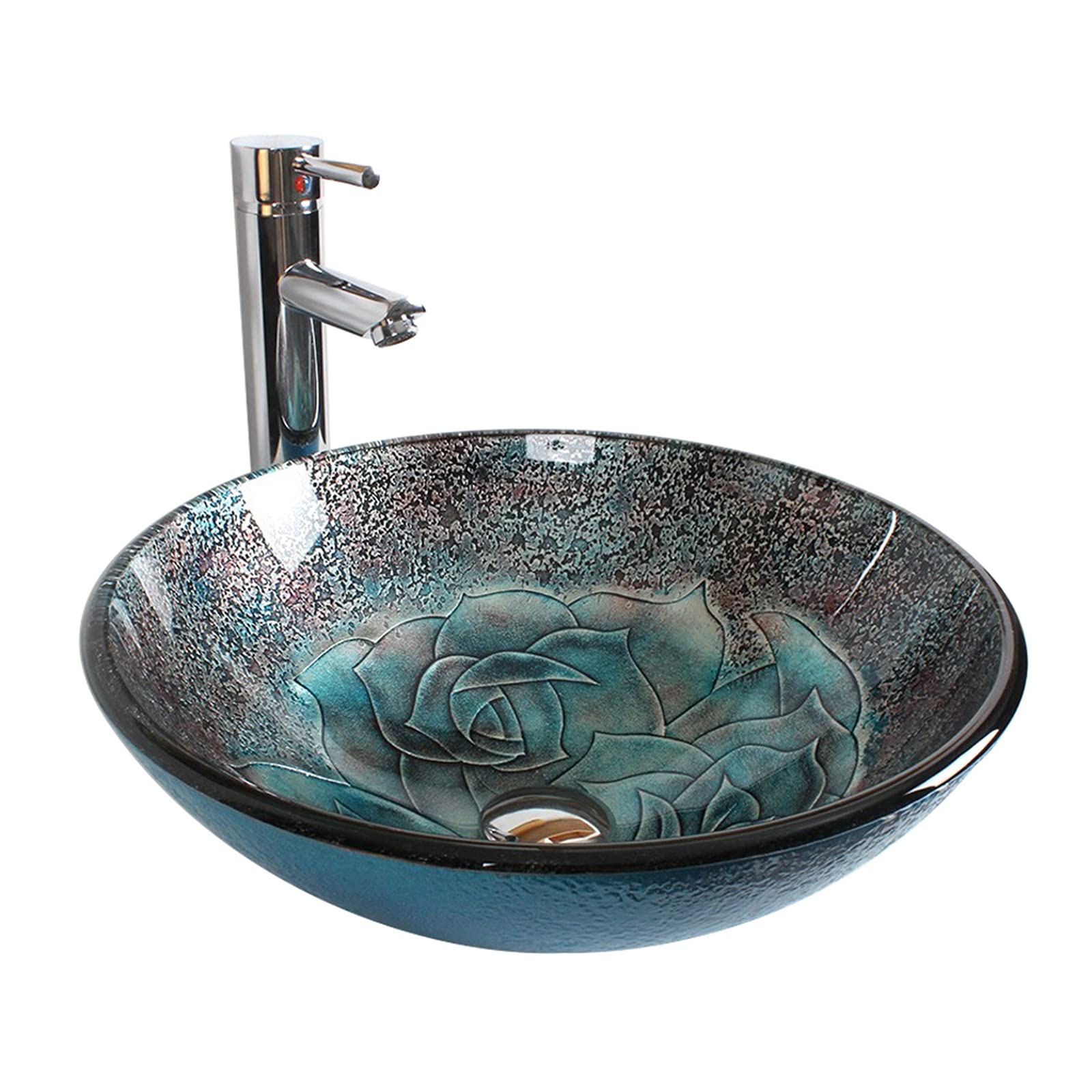 WOTZOV Bathroom Vessel Sink With Chrome Faucet,Handpainted Art Tempered Glass Washbasin For Bathroom,Round Above Counter Basin With Pop-Up Drain And Water Pipe,