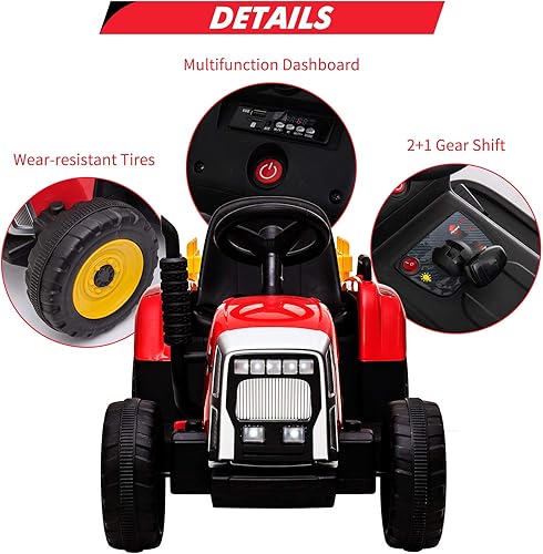 Miniatura 5 de Carril de paseo para niños de 12 V, tractor eléctrico a batería con remolque, neumáticos con doble motor de 25 WRC, 7 luces LED, audio MP3 rojo