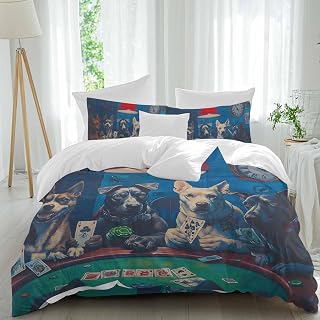 Funny Dog Comforter Set Queen Size, Dogs Playing Poker Playing Cards Retro Soft Bedding Set for Man Woman, 4 Pieces Duvet Cover Set with Fitted Sheet, 2 Pillowcases