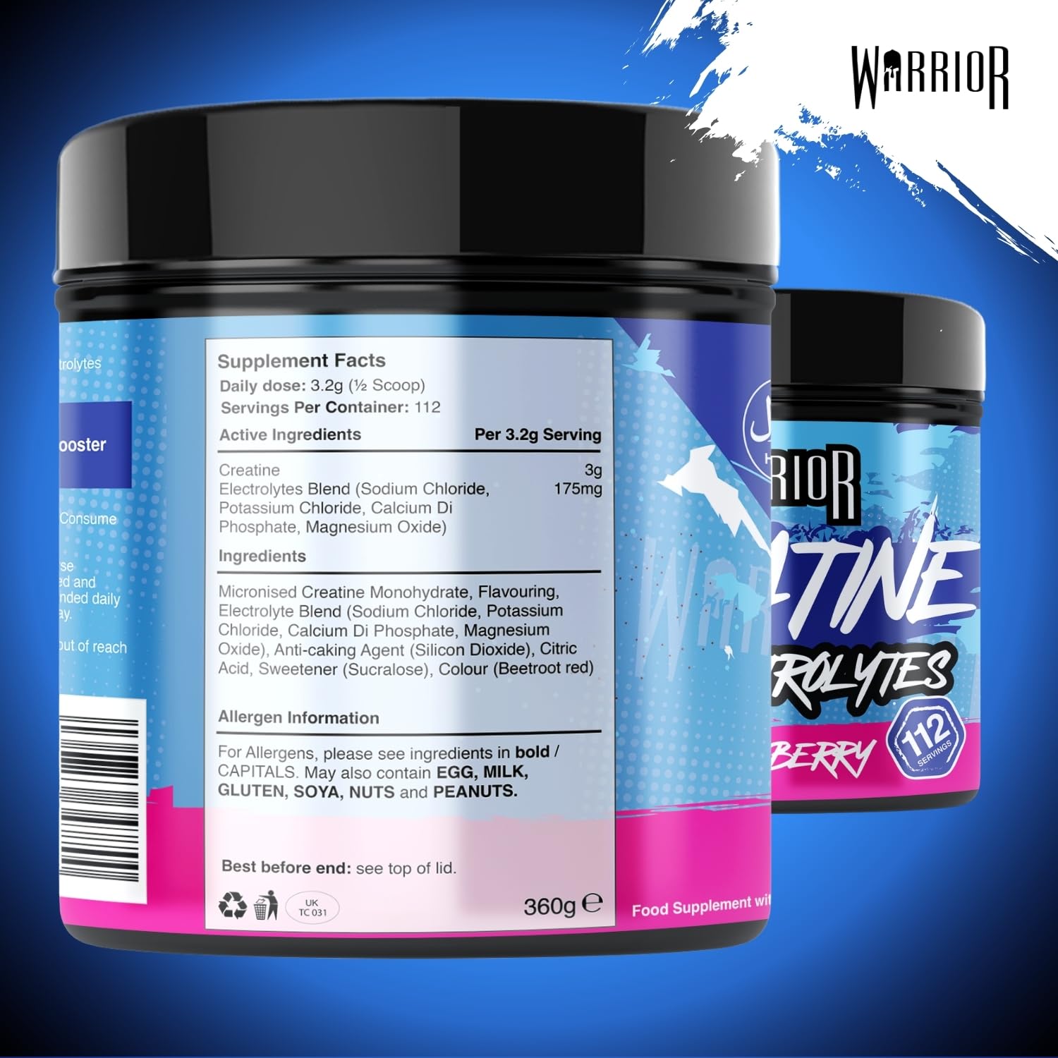 Warrior Creatina Monoidrata + Elettroliti Polvere 360 g, 80 Porzioni – Creatina in Polvere con Sali Minerali, Intra Workout per Massa, Idratazione e Sport, Senza Zucchero – Mix di Frutti di Bosco
