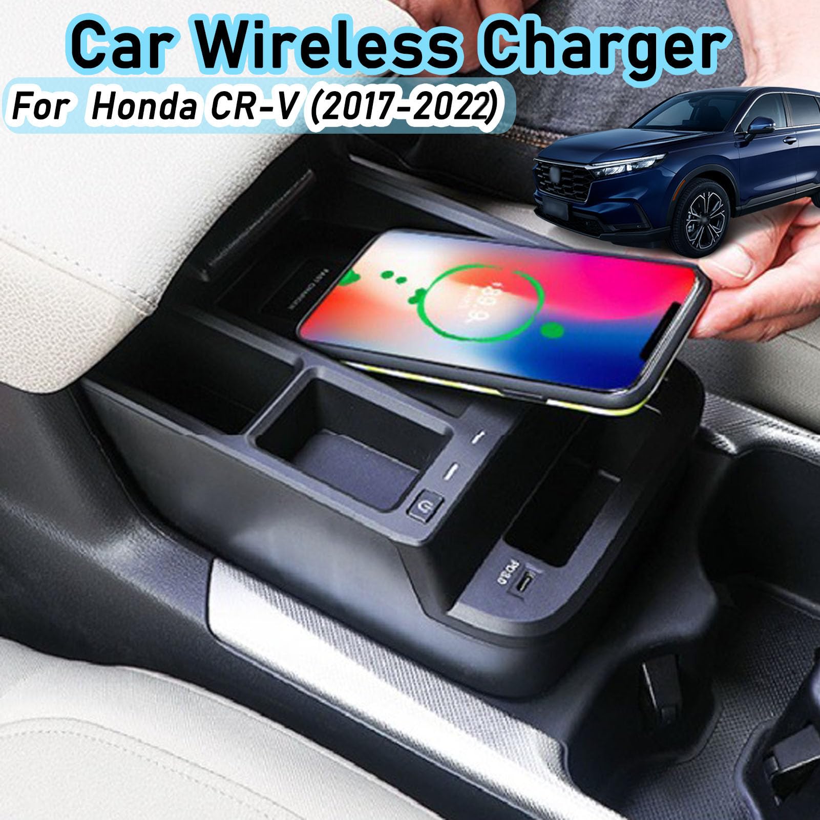 Caricabatterie Wireless per Auto per Tutti i Modelli CR-V, Accessorio con Ricarica Wireless da 15 W e Organizer Multifunzionale per Console Centrale, Regalo per la Famiglia