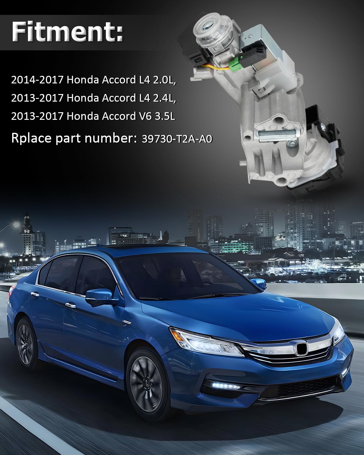 Ignition Lock Cylinder Switch with 2 Remote Keys (with Chip) Compatible with Honda Accord 2013-2017, Replacement for 39730-T2A-A0, Fits 2.0L 2.4L 3.5L Models