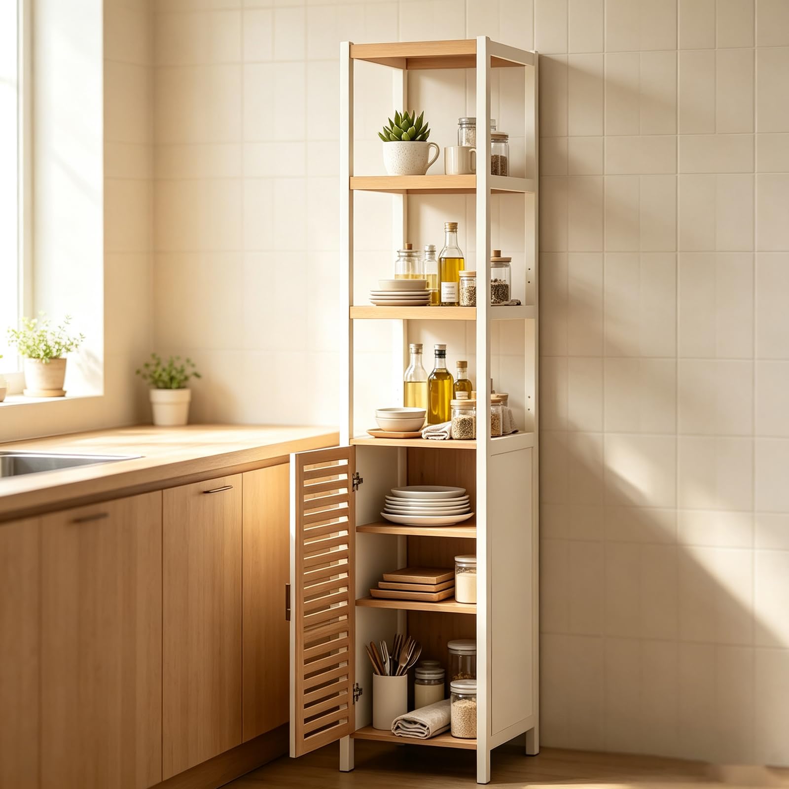 Badezimmerhochschrank, Badregal Bambus, Handtuch Schrank, Badschrank Schmal Hoch mit 1 Tür, Bathroom Storage Cabinet, Toilettenschrank für Badezimmer, Flur, Küche, Wohnzimmer