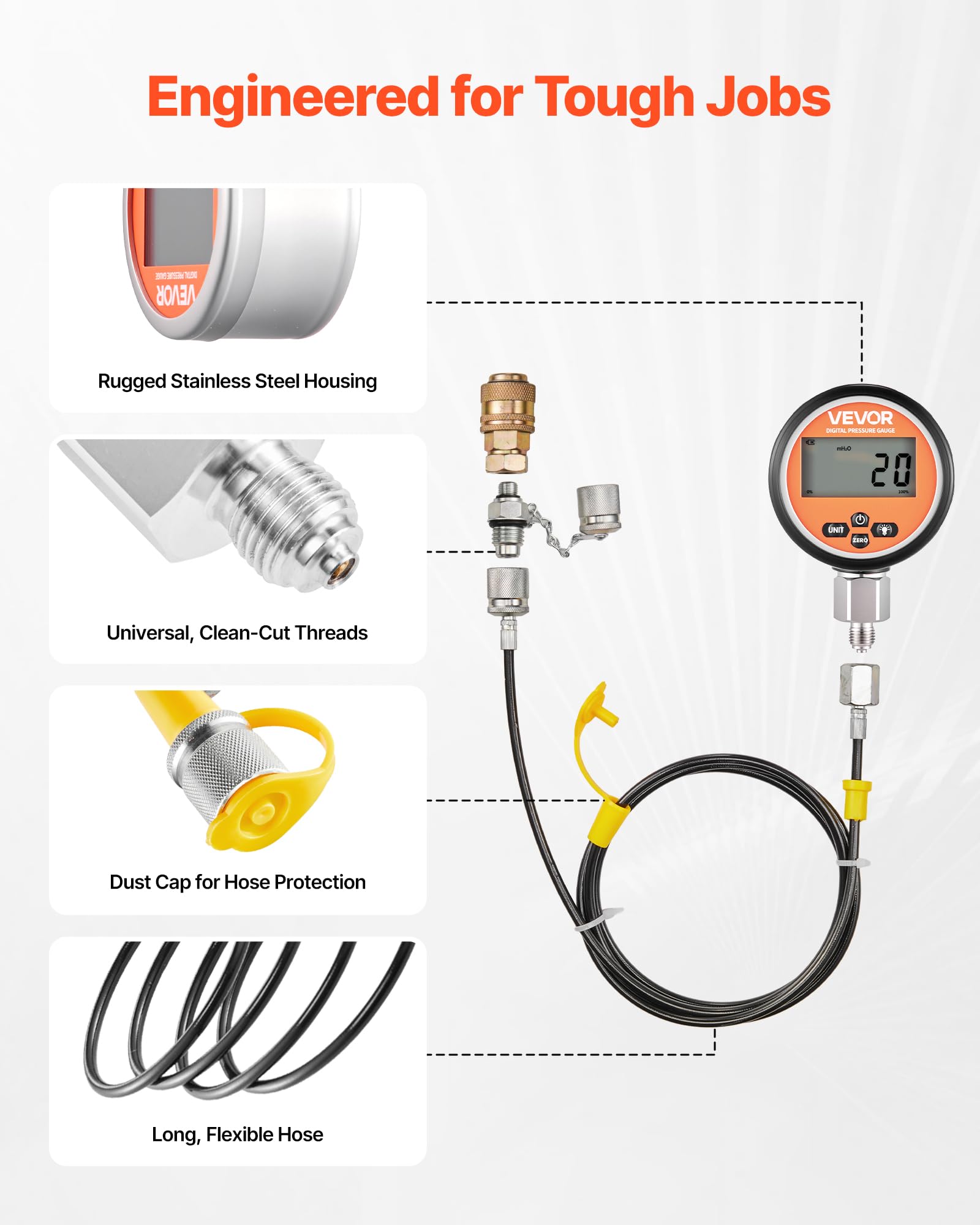 VEVOR digitales Hydraulikdruck Testkupplungsset, 10000 PSI Druckmessgerät Manometer Tester mit 2 Messgeräten & 9 Testkupplungen & 2 Schnellkupplungen & 2 Schläuchen für Bagger Baumaschinen