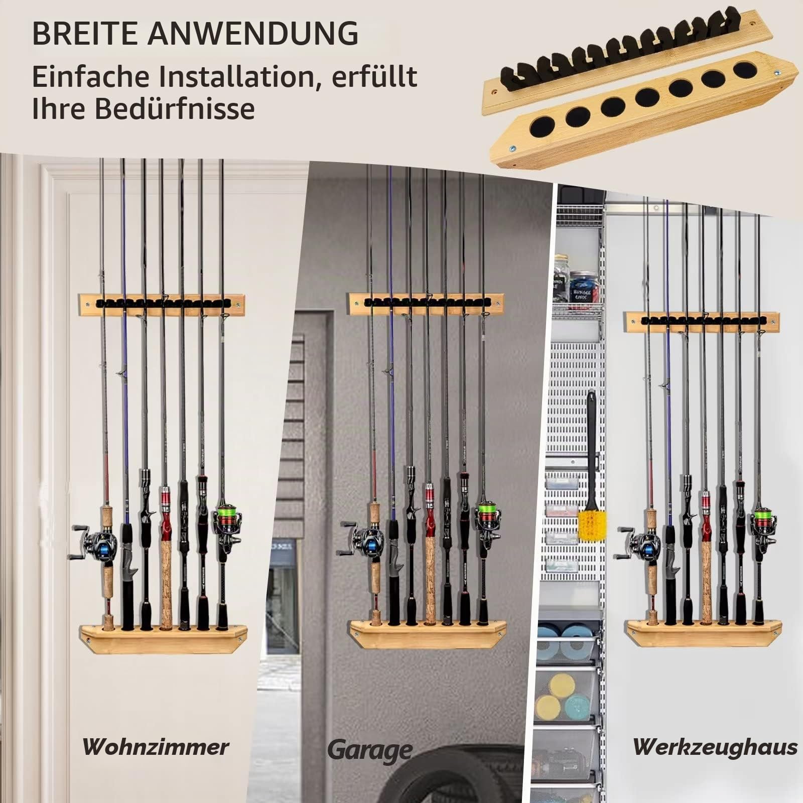 THKFISH Rutenständer Angelruten Angelrutenhalter für Garage Holz Angelstange Wand Rack Store 7 Angelrute Combos,1 Paar Vertikales