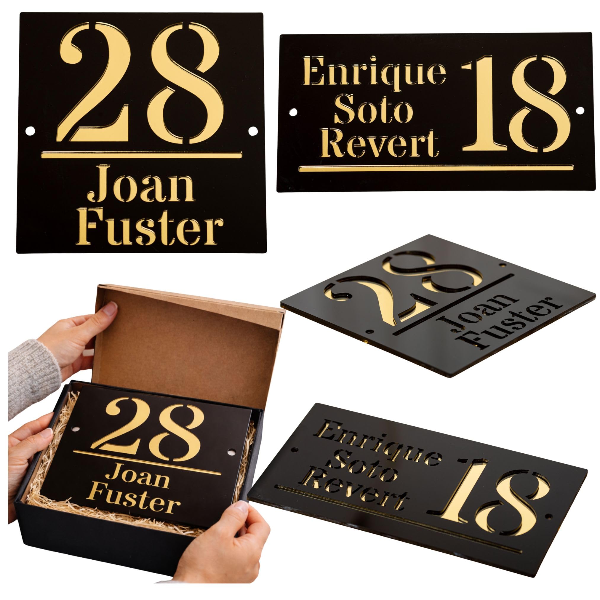Número de Casa Personalizado con Nombre Placa Exterior Moderna en Metacrilato Negro y Oro – Letrero Dirección Casa Regalo Casa Nueva para Familia Placa Decorativa Olesea
