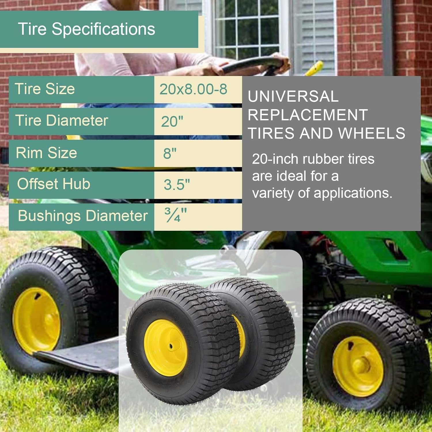 20x8.00-8 Lawn Mower Tire with Wheel Assemblies, 4 Ply, 3.5" Offset Hub, 3/4" Borehole with 3/16" Keyway, 965 Lbs Capacity, Set of 2 for Riding Lawn Mowers