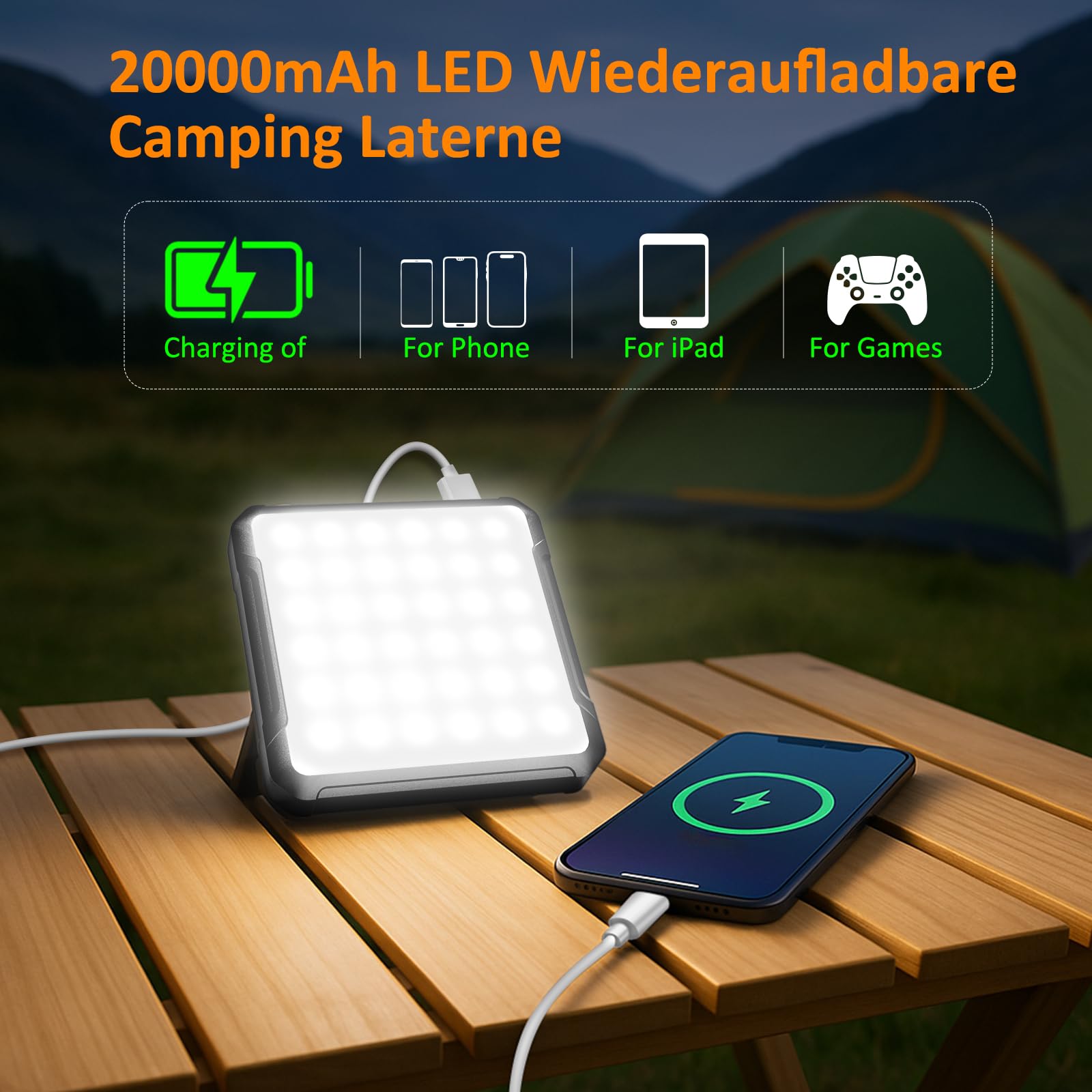 Kangtaixin LED Lampada Campeggio Ricaricabile con 20000mAh Batteria Powerbank Camping Luce Portatile, 4 Modalità di Luce Campeggio, IPX5 Impermeabile Lanterna da Campeggio Lampada Emergenza per Tenda