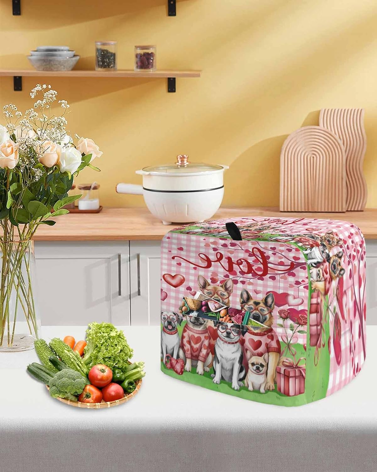 Valentine's Day Stand Mixer Cover with Storage Pocket, Waterproof Kitchen Mixer Covers, Funny Dogs Love Roses Spring Pink Plaid Kitchen Appliance Dust Cover Compatible with 5-8 Quart Mixers