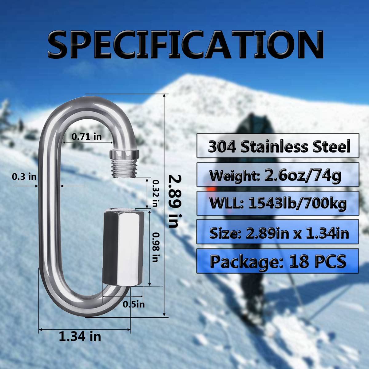 Quick Link - Mosquetón de acero inoxidable 304 en forma de D para senderismo (M8, 18)
