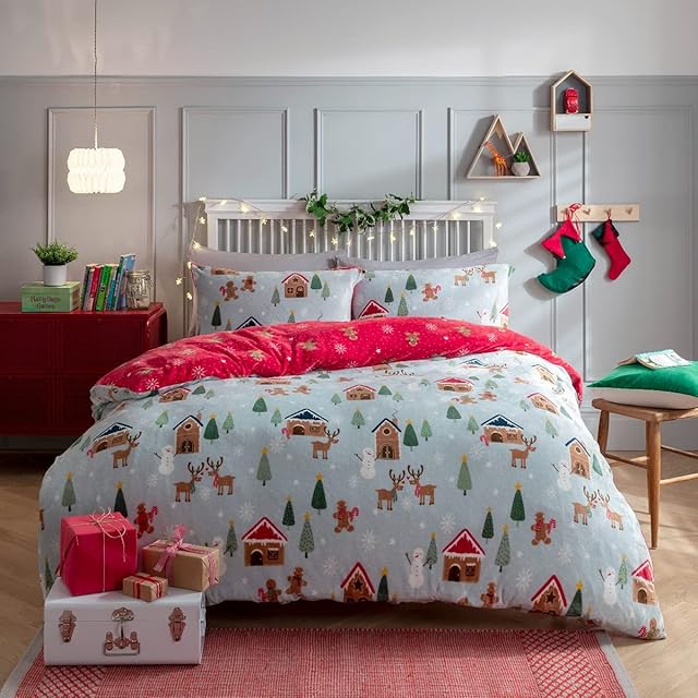 Sleepdown Christmas Scandi Scene Fleece Grey Red Reversible Thermal Warm Cosy Super Soft Duvet Cover Quilt Bedding Set with Pillow Case Single (135cm x 200cm)