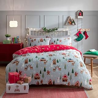 Sleepdown Świąteczna scena Scandi polar szary czerwony dwustronny termiczny, ciepły, przytulny, super miękki poszewka na kołdrę, zestaw pościeli z poszewkami na poduszki podwójny (200 cm x 200 cm)