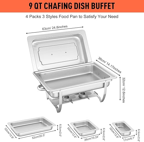 Miniatura 5 de MEEZY Juego de 4 platos de bufé de 9 cuartos de galón de acero inoxidable con tamaño completo, tamaño medio, tercer tamaño, plegable, para catering,