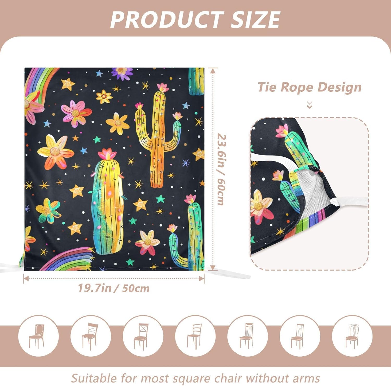 ALAZA Cactus Flowers Stars Rainbow Chair Back Cover Set of 6, Washable Reusable Removable Chair Slipcovers Decorative Chair Cover for Home Kitchen Wedding Party