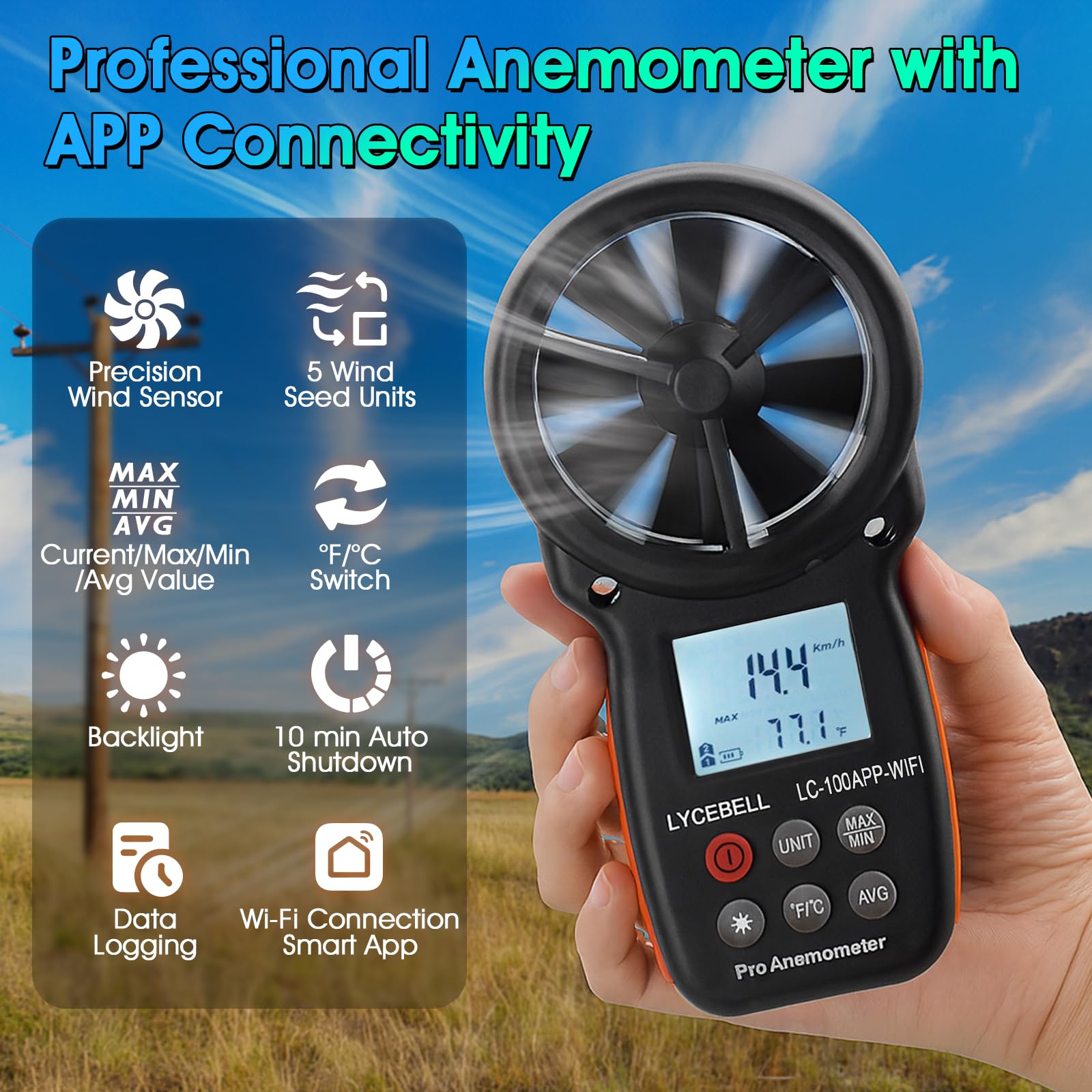 ‌LYCEBELL Anemometro Professionale con Controllo WiFi & Registrazione Dati – Misuratore Sans Filo di Velocità del Vento e Temperatura per HVAC, Droni, Vela, Surf, con MAX/MIN/MED, Compatible Zigbee‌