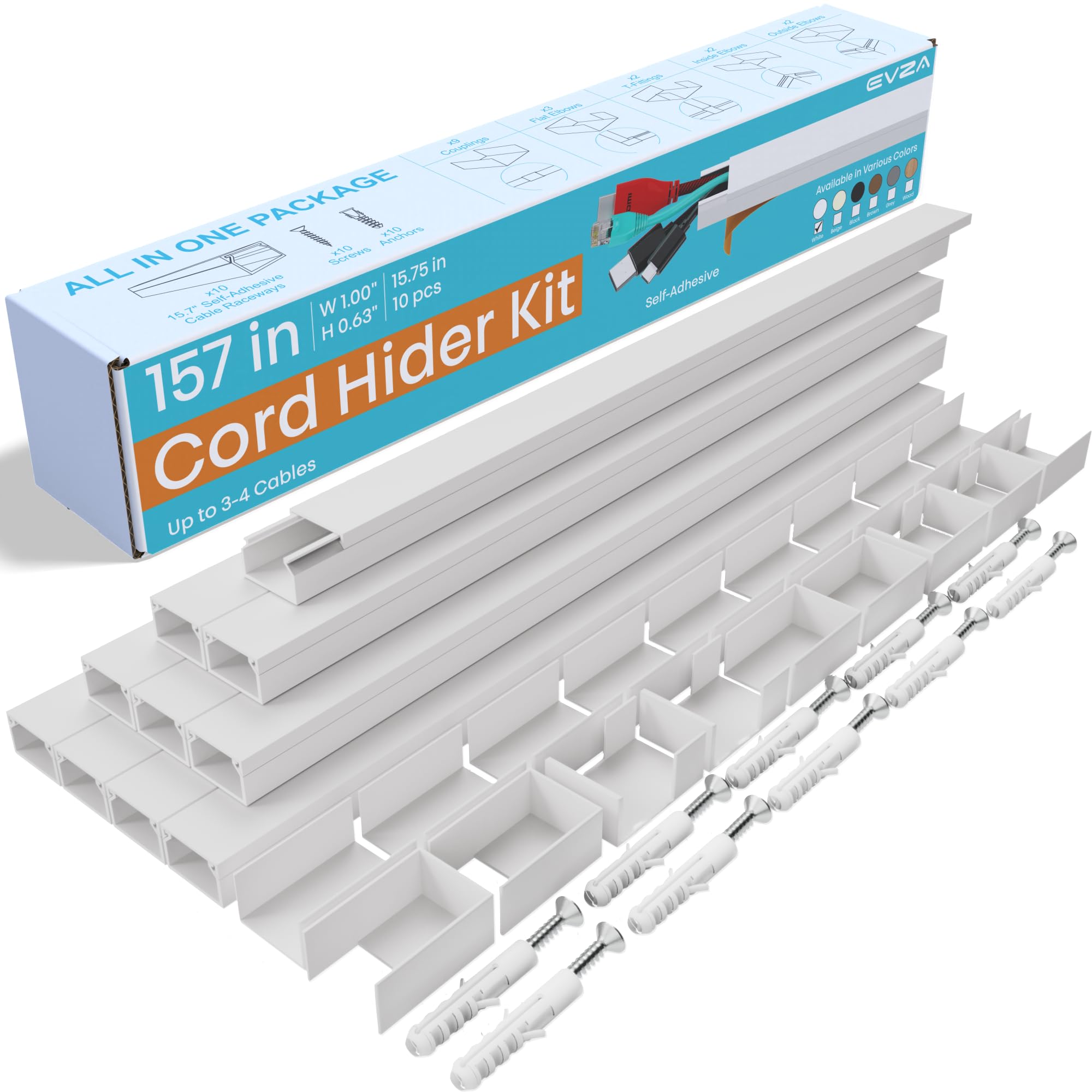 Evza Cable Trunking, 4M Trunking for Electric Cables, Cable Cover White, Self Adhesive Wire Cover, Cable Raceway, Cord Concealer, Cable Management to Hide 3-4 Power Cords, 10X L400mm, W25mm, H16mm