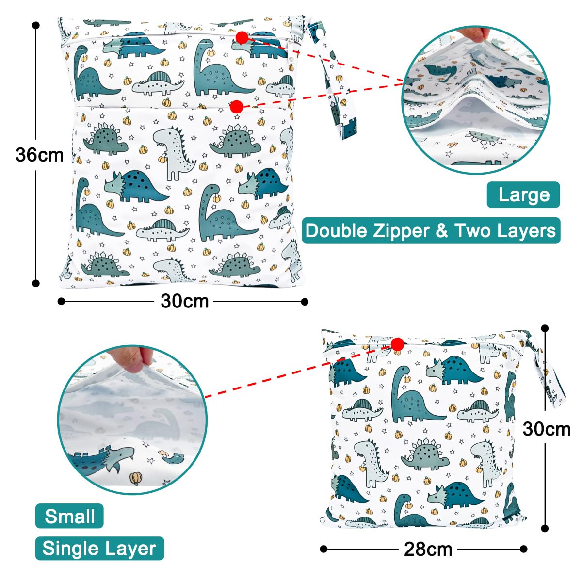 Bolsa de Pañales, 2PCS Bolsa Impermeable Reutilizable para Bebe, Ropa Seca y Húmeda Organizador de Pañales, Wetbag Lavable Neceser para Viaje Playa Deporte Guardería Merienda (Dinosaurio)