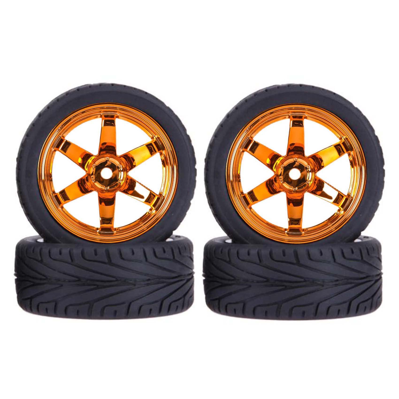 KEEDA 4PCS 1:10 RC Tires and Plastic Wheels Rims for 1/10 HSP HPI Tamiya RC On Road Touring Racing Drift Car (Orange)