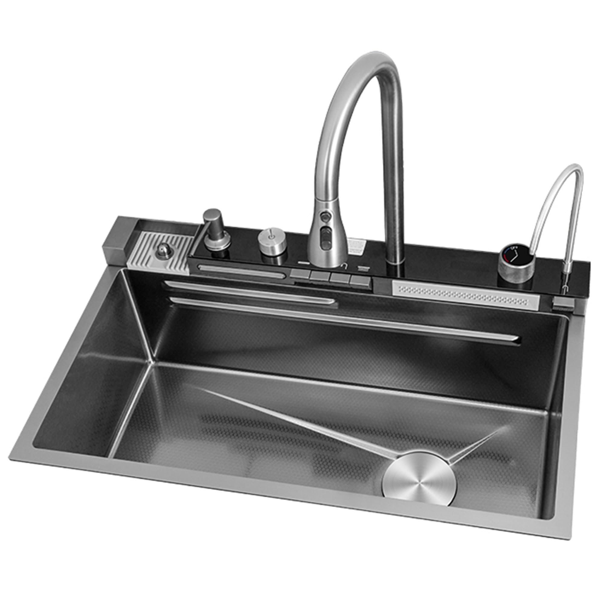 Kitchen Sink Digital Display Large Single Groove Stainless Steel Nano Single Bowl Waterfall Sink with Integrated Faucet Workstation