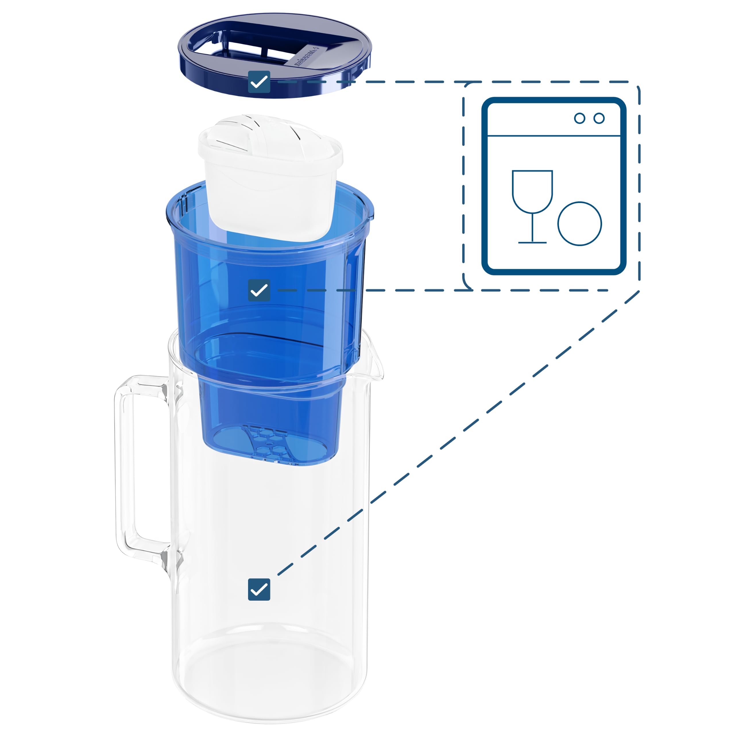 Wessper Jarra filtradora de vidrio con 1 cartucho de filtro 3 Litros | Reemplazo para Dafi Unimax Aquaphor A5 BRITA Maxtra+ PHILIPS AWP212/10 | Reduce la cal, el cloro y los Microplásticos, Azul