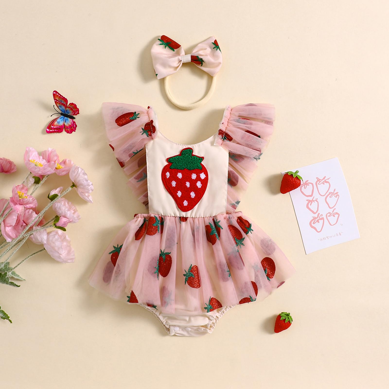 Pybcvrrd Newborn Baby Girl Summer Clothes Strawberry Embroidery Romper Dress Fly Sleeve Tulle Tutu Jumpsuit Bodysuit Outfit (Pink, 6-12 Months)