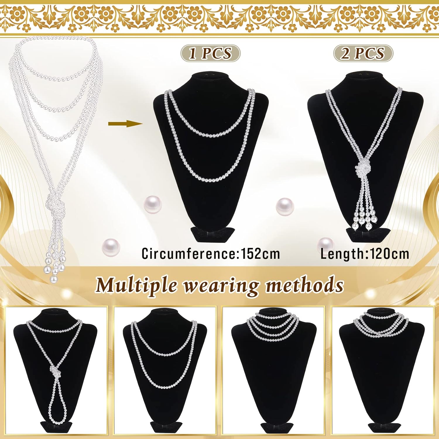 4 Pcs 1920s Pearl Jewelry Set for Women with Vintage Clutch with Chain Faux Pearl Dangle Earring Multi Strands Bracelet and Necklace for Wedding Prom Evening Anniversary Party Supplies - Image 3