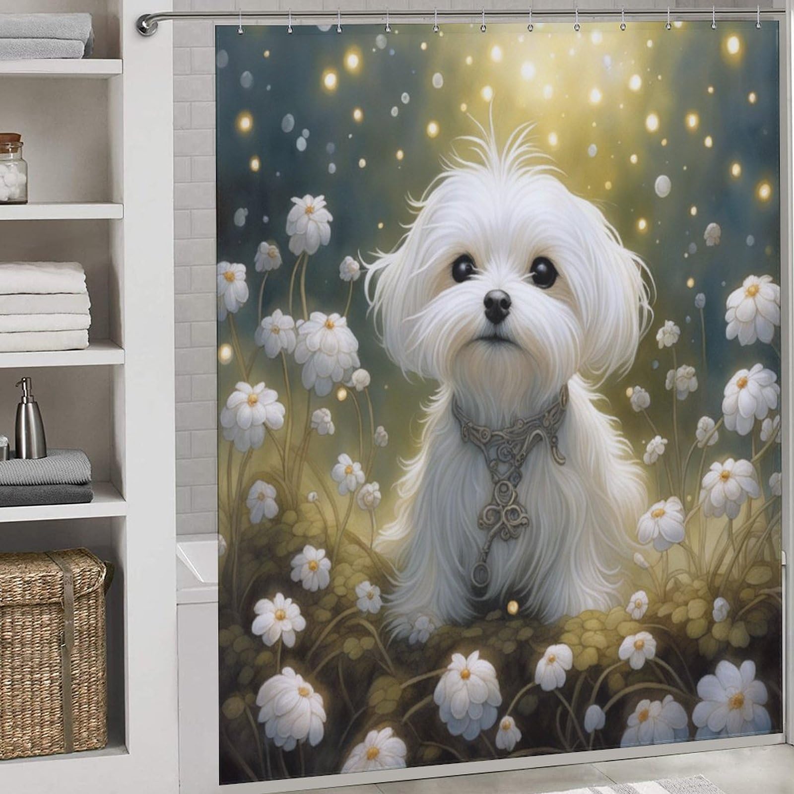 Cute Dog Shower Curtain Print Waterproof Bathing Curtain Durable Polyester Bathroom Decoration Accessories Comes with 12pcs Shower Curtain Rings 72x72Inch (183x183cm)