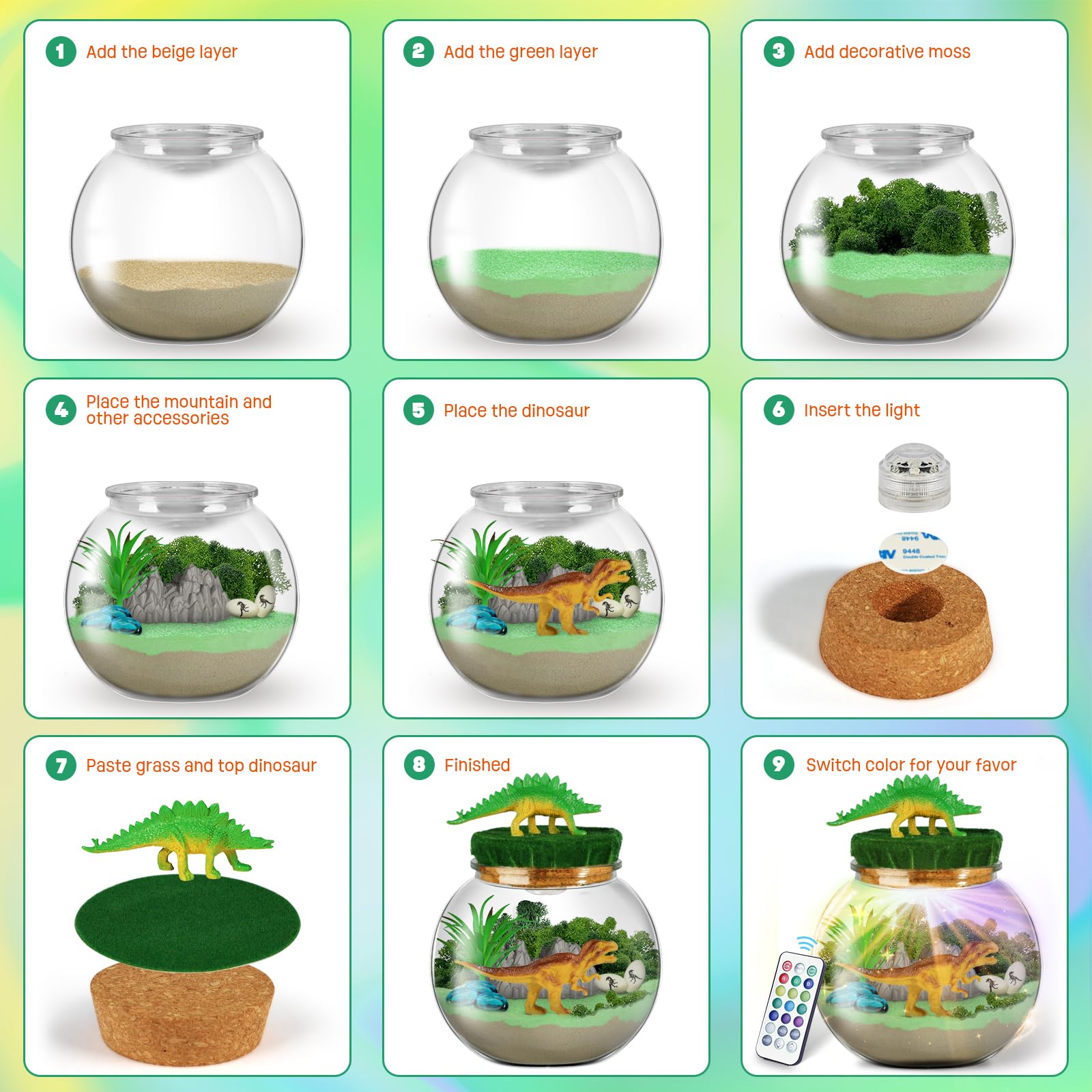 Dinosaurier-Terrarium-Set, Geburtstagsgeschenk für Jungen im Alter von 4, 5, 6, 7, 8–12 Jahren, Dinosaurier Spielzeug Nachtlicht Bastelset, Weihnachts- und Ostergeschenk für Kinder