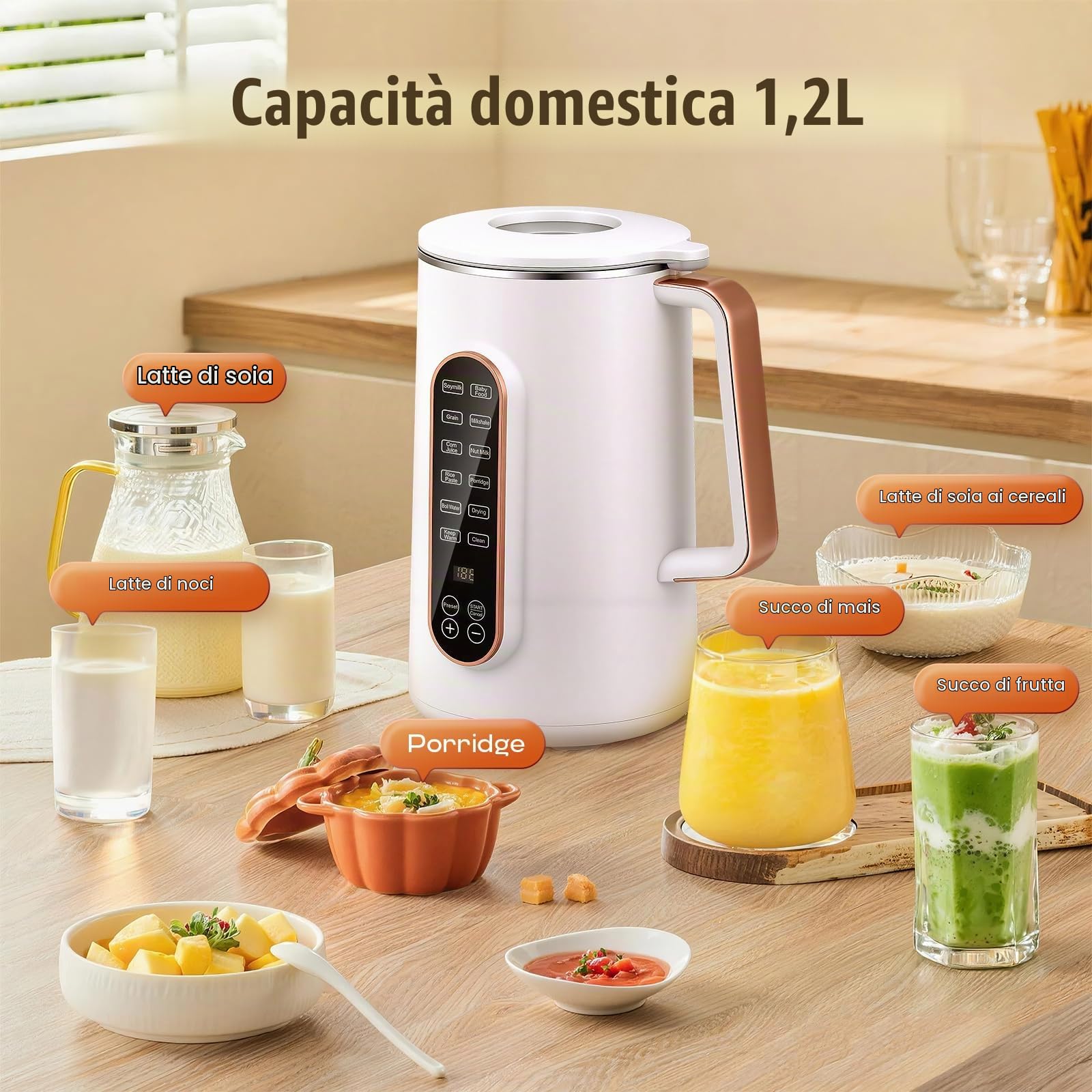 Moongiantgo 1,2L 8-in-1 Macchina per Latte Vegetale, Senza Filtraggio | Con 10 Lame, Avvio Ritardato 12h, Autopulizia e Mantenimento Caldo, Machine à Lait de Soja Multifunzione per Avena