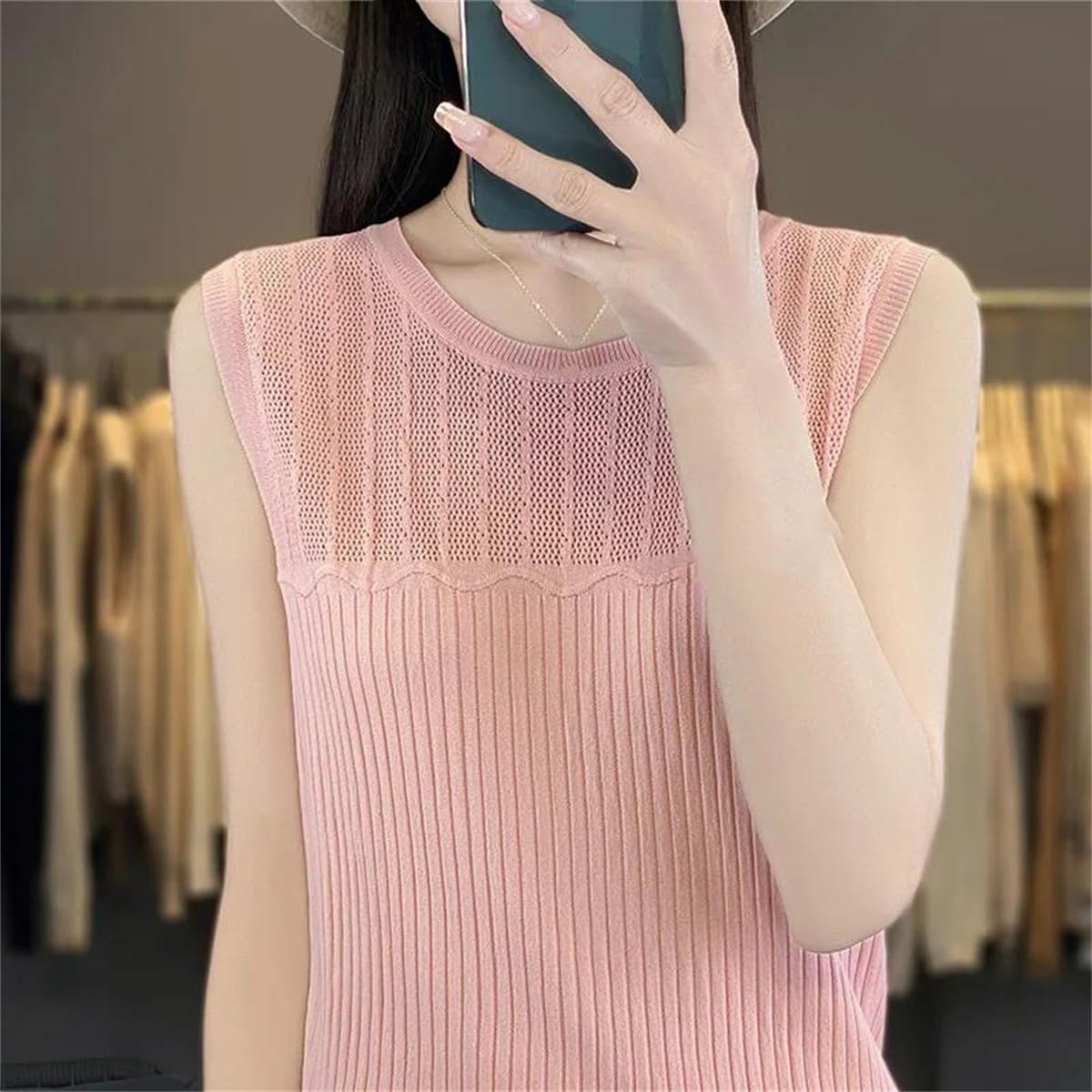 Camiseta Sin Mangas De Algodón De Verano para Mujer, Jersey Informal De Color Sólido con Cuello Redondo, Top Versátil Suave Y A La Moda