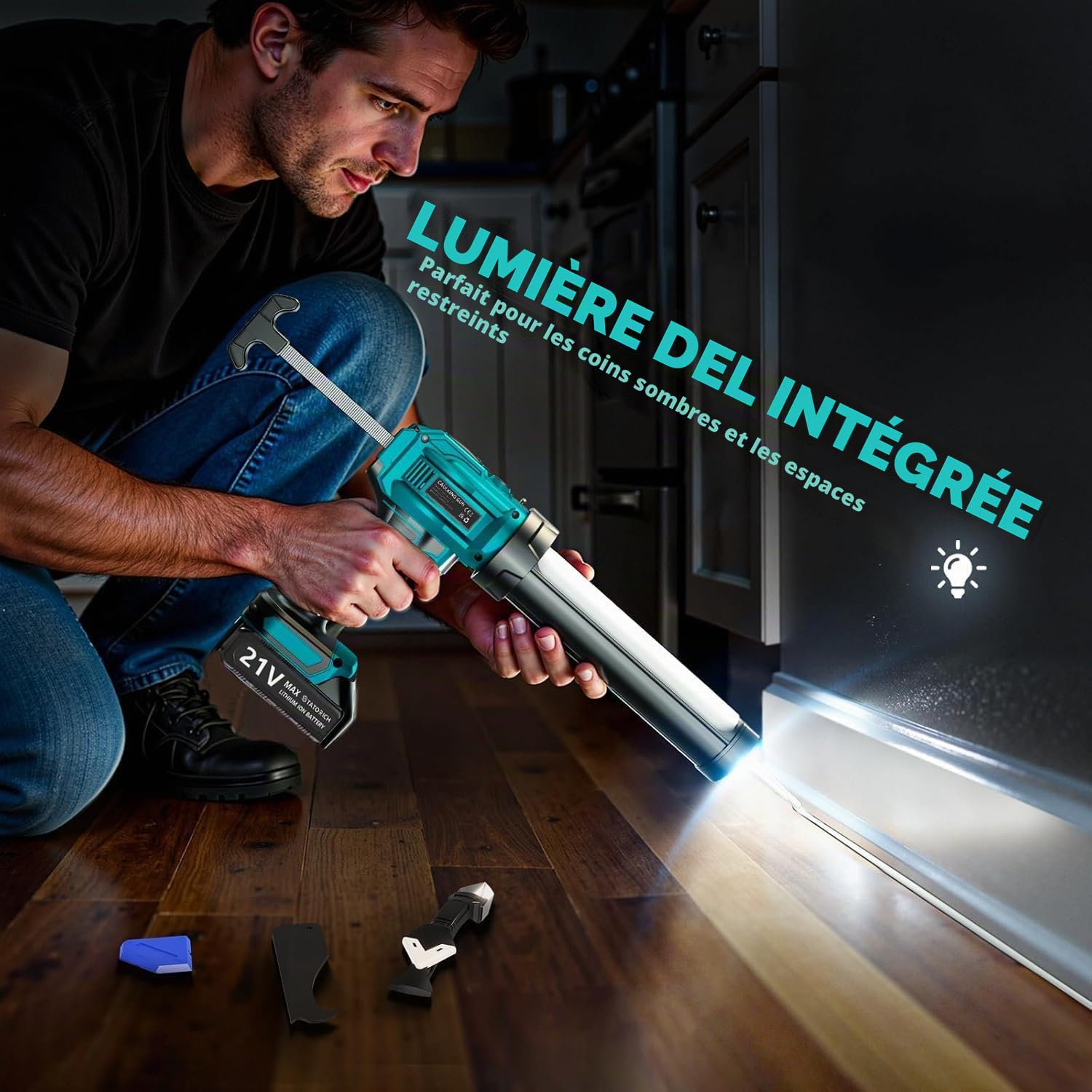 Pistolet à Cartouche Electrique Compatible avec Makita Batteries 18V sans Fil avec 2 x 2000 mAh Batteries, Pistolet Silicone Électrique de 300 ml, Lumière LED, 4 Vitesses, pour Calfeutrer (Bleu)