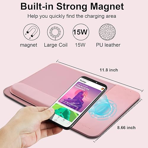 Miniatura 3 de Alfombrilla de mouse de carga inalámbrica de 15 W con soporte de muñeca desmontable, cargador rápido de teléfono QI alfombrilla de mouse para iPhone